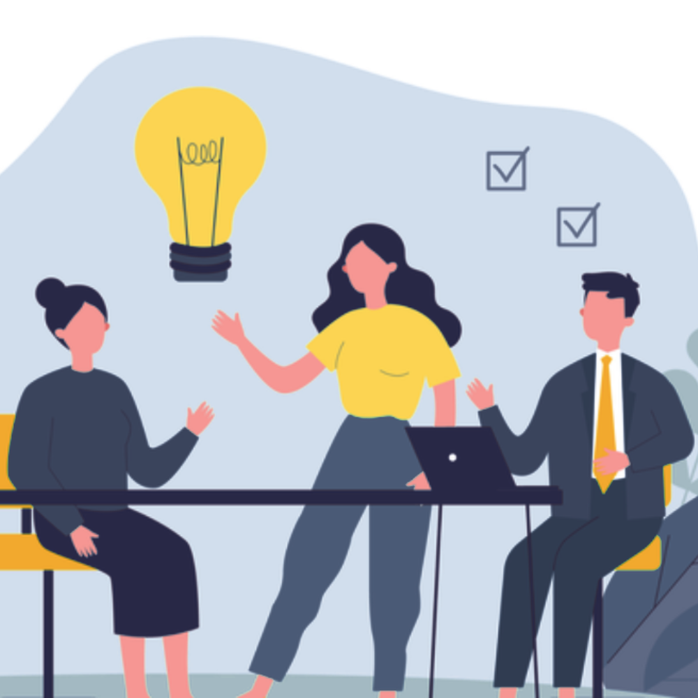 Ilustracija troje ljudi koji razgovaraju u poslovnom okruženju 