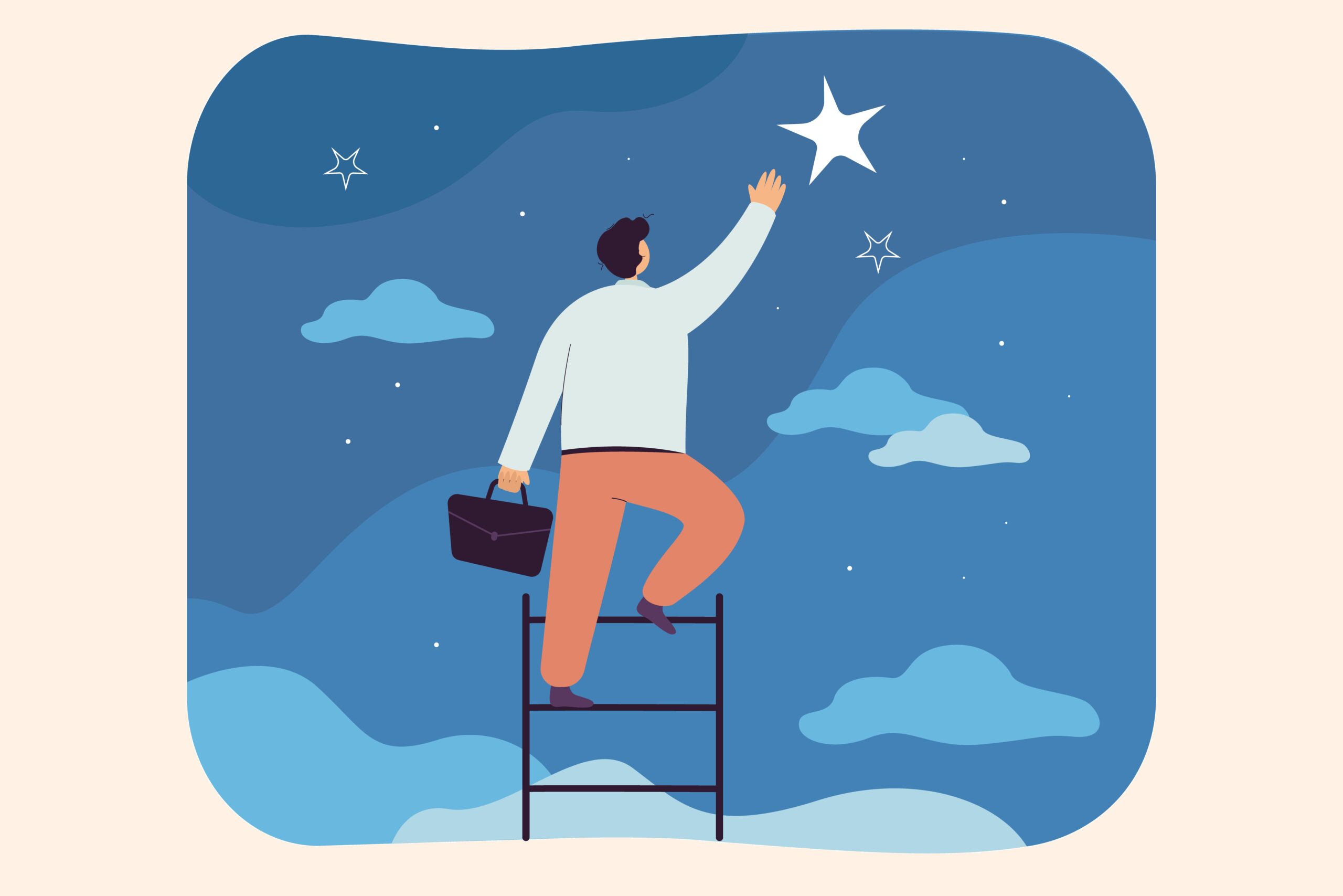 Businessman catching star, climbing ladder to sky. Flat vector illustration. Man striving for success, wishing professional heights, believing in himself. Career, hope, dream, achievement concept
